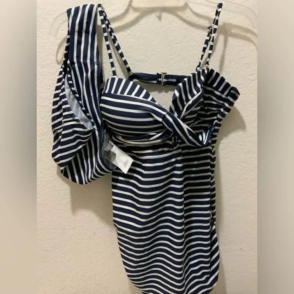 A Pea in the Pod Maternity Blue White Striped Swim Tankini Top Size M bottom S